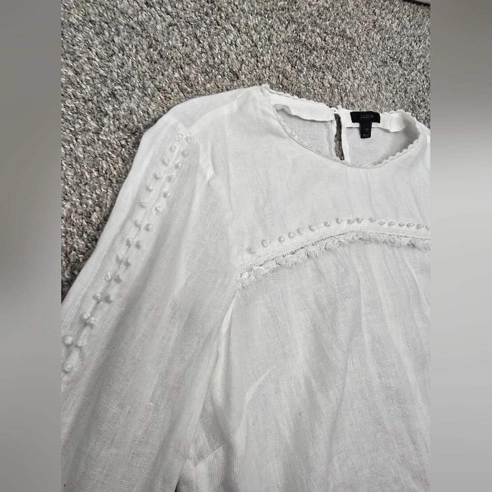 J. Crew White Linen Fringe French Knot Boxy Beachy Long Sleeve Top sz 10
